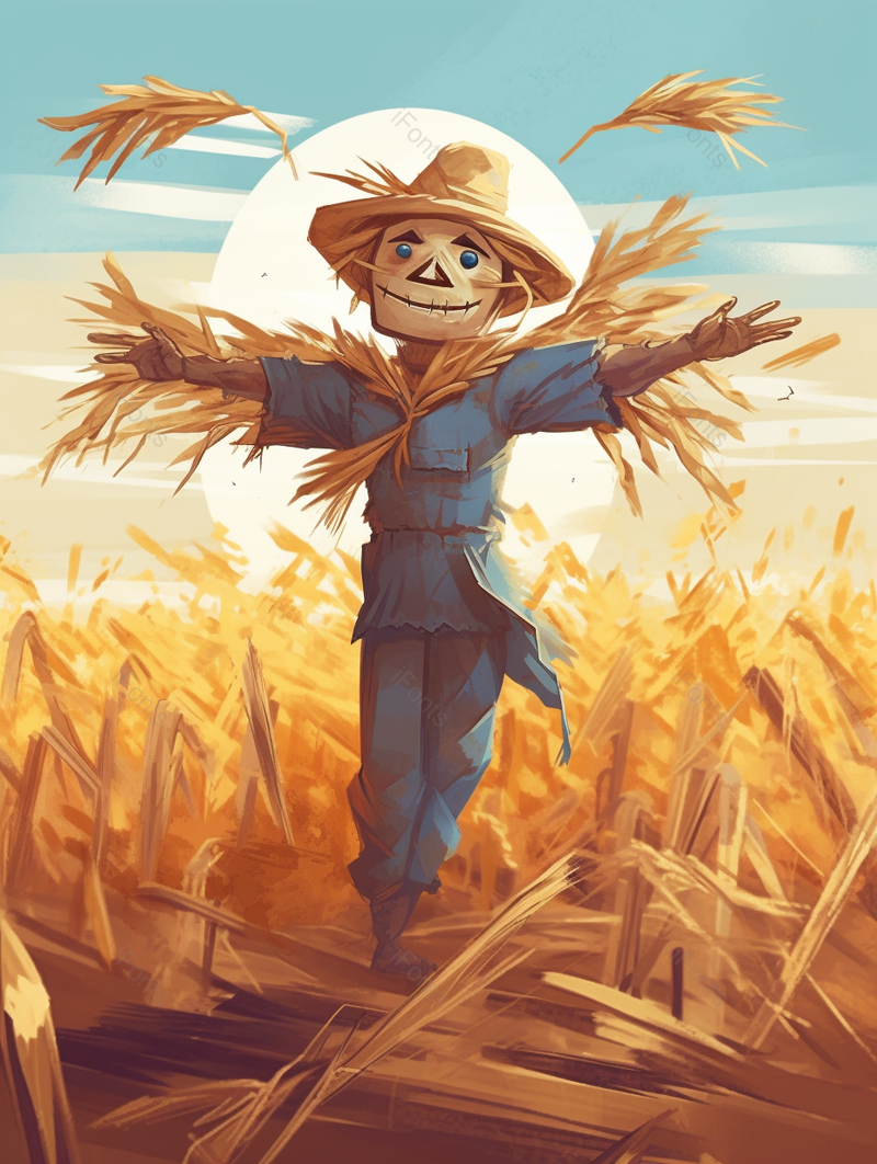 日落晚霞节气稻草人假人守护稻田麦穗竖版金色黄色插画,插画/手绘图,插画/手绘图库,插画/手绘图下载,插画/手绘